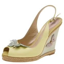 René Caovilla Yellow Leather Espadrille Wedge Sandals Size 38