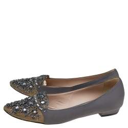 Pre Owned René Caovilla Grey Satin Crystal Embellished Ballet  Flats Size 38