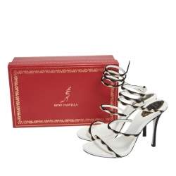 René Caovilla White/Black Satin Crystal Embellished Ankle Wrap Open Toe Sandals Size 38.5