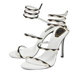 René Caovilla White/Black Satin Crystal Embellished Ankle Wrap Open Toe Sandals Size 38.5