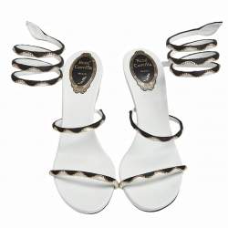 René Caovilla White/Black Satin Crystal Embellished Ankle Wrap Open Toe Sandals Size 38.5