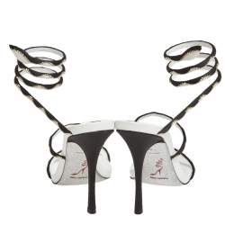 René Caovilla White/Black Satin Crystal Embellished Ankle Wrap Open Toe Sandals Size 38.5