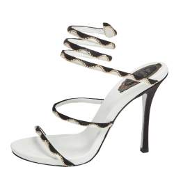 René Caovilla White/Black Satin Crystal Embellished Ankle Wrap Open Toe Sandals Size 38.5