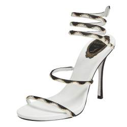 René Caovilla White/Black Satin Crystal Embellished Ankle Wrap Open Toe Sandals Size 38.5
