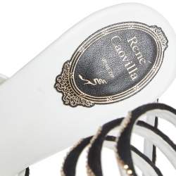 René Caovilla White/Black Satin Crystal Embellished Ankle Wrap Open Toe Sandals Size 38.5