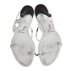 René Caovilla White/Black Satin Crystal Embellished Ankle Wrap Open Toe Sandals Size 38.5