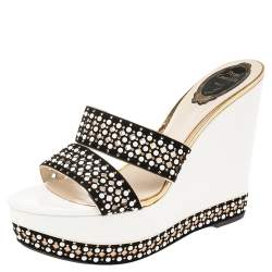 René Caovilla White/Black Crystal Embellished Suede Laser Cut Wedge Platform Slide Sandals Size 39