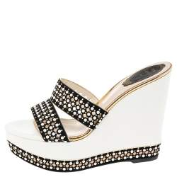 René Caovilla White/Black Crystal Embellished Suede Laser Cut Wedge Platform Slide Sandals Size 39