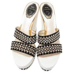 René Caovilla White/Black Crystal Embellished Suede Laser Cut Wedge Platform Slide Sandals Size 39