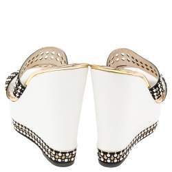 René Caovilla White/Black Crystal Embellished Suede Laser Cut Wedge Platform Slide Sandals Size 39