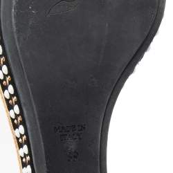René Caovilla White/Black Crystal Embellished Suede Laser Cut Wedge Platform Slide Sandals Size 39