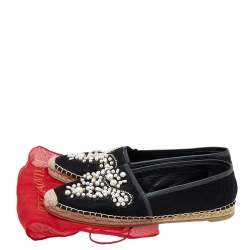 Pre Owned René Caovilla Black Nubuck Leather Pearl Embellished Espadrille Flats Size 39