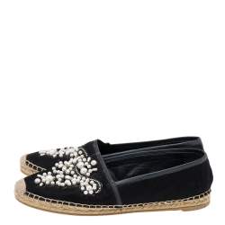 Pre Owned René Caovilla Black Nubuck Leather Pearl Embellished Espadrille Flats Size 39