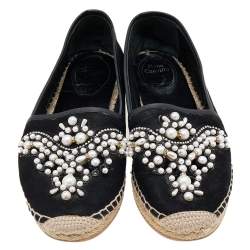 Pre Owned René Caovilla Black Nubuck Leather Pearl Embellished Espadrille Flats Size 39