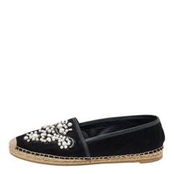 Pre Owned René Caovilla Black Nubuck Leather Pearl Embellished Espadrille Flats Size 39