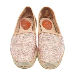Pre Owned René Caovilla Peach Snakeskin Embossed Leather Crystal Embellished Espadrille Flats Size 39