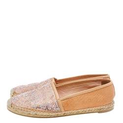Pre Owned René Caovilla Peach Snakeskin Embossed Leather Crystal Embellished Espadrille Flats Size 39