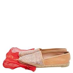 Pre Owned René Caovilla Peach Snakeskin Embossed Leather Crystal Embellished Espadrille Flats Size 39