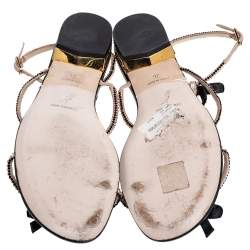 Pre Owned René Caovilla Black/Pink Crystal Embellished Satin and Leather Bow T-Strap Flat Sandals Size 36