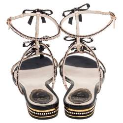 Pre Owned René Caovilla Black/Pink Crystal Embellished Satin and Leather Bow T-Strap Flat Sandals Size 36