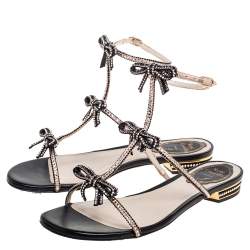 Pre Owned René Caovilla Black/Pink Crystal Embellished Satin and Leather Bow T-Strap Flat Sandals Size 36