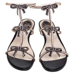 Pre Owned René Caovilla Black/Pink Crystal Embellished Satin and Leather Bow T-Strap Flat Sandals Size 36