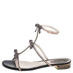 Pre Owned René Caovilla Black/Pink Crystal Embellished Satin and Leather Bow T-Strap Flat Sandals Size 36