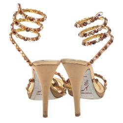 Rene Caovilla Gold Crystal Embellished Leather Cleo Spiral Sandals Size 37.5
