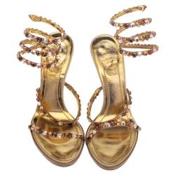Rene Caovilla Gold Crystal Embellished Leather Cleo Spiral Sandals Size 37.5