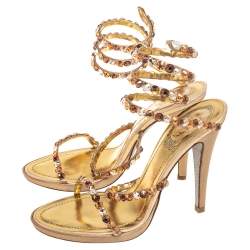 Rene Caovilla Gold Crystal Embellished Leather Cleo Spiral Sandals Size 37.5