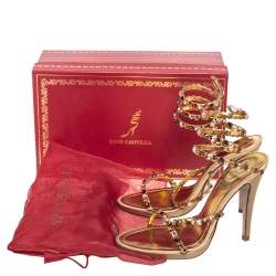 Rene Caovilla Gold Crystal Embellished Leather Cleo Spiral Sandals Size 37.5