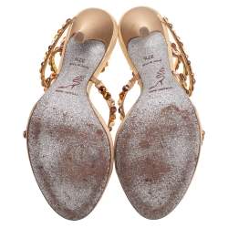 Rene Caovilla Gold Crystal Embellished Leather Cleo Spiral Sandals Size 37.5