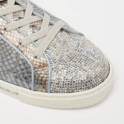 Rene Caovilla Silver Python and Leather Crystal Embellished Lace Up Sneakers Size 41
