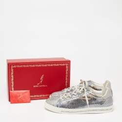 Rene Caovilla Silver Python and Leather Crystal Embellished Lace Up Sneakers Size 41