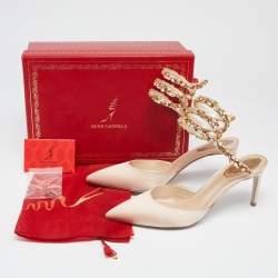 René Caovilla Beige Satin Crystal Embellished Ankle Wrap Sandals Size 39