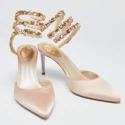René Caovilla Beige Satin Crystal Embellished Ankle Wrap Sandals Size 39