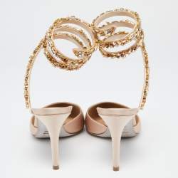René Caovilla Beige Satin Crystal Embellished Ankle Wrap Sandals Size 39