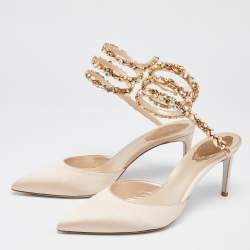 René Caovilla Beige Satin Crystal Embellished Ankle Wrap Sandals Size 39