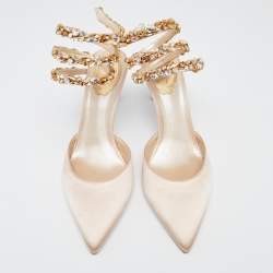 René Caovilla Beige Satin Crystal Embellished Ankle Wrap Sandals Size 39
