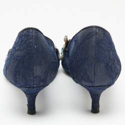 مملوكة مسبقًا حذاء كعب عالي رينيه كوفيلا دانتيل أزرق مزخرف كريستال مقدمة مدببة مقاس 36