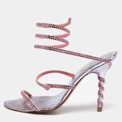 Pre Owned René Caovilla Pink/Purple Crystals Studded Satin and Metal Cleo Ankle-Wrap Sandals Size 38.5