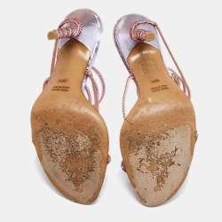 Pre Owned René Caovilla Pink/Purple Crystals Studded Satin and Metal Cleo Ankle-Wrap Sandals Size 38.5