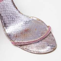 Pre Owned René Caovilla Pink/Purple Crystals Studded Satin and Metal Cleo Ankle-Wrap Sandals Size 38.5