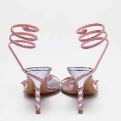 Pre Owned René Caovilla Pink/Purple Crystals Studded Satin and Metal Cleo Ankle-Wrap Sandals Size 38.5