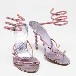 Pre Owned René Caovilla Pink/Purple Crystals Studded Satin and Metal Cleo Ankle-Wrap Sandals Size 38.5