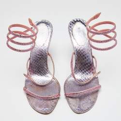 Pre Owned René Caovilla Pink/Purple Crystals Studded Satin and Metal Cleo Ankle-Wrap Sandals Size 38.5