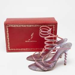 Pre Owned René Caovilla Pink/Purple Crystals Studded Satin and Metal Cleo Ankle-Wrap Sandals Size 38.5