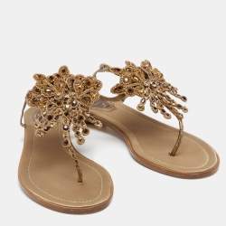 René Caovilla Gold Python Embossed Leather Crystal Embellished Thong Flat Sandals Size 37.5