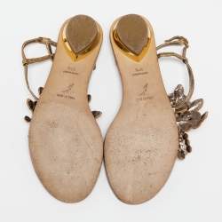 René Caovilla Gold Python Embossed Leather Crystal Embellished Thong Flat Sandals Size 37.5