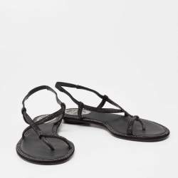 Pre Owned René Caovilla Black Satin Crystal Embellished Strappy Flats Size 38